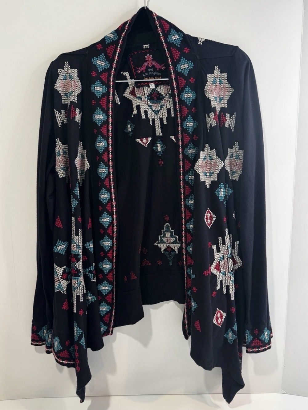 Johnny Was Black Open Front Aztec Cardigan Sweater